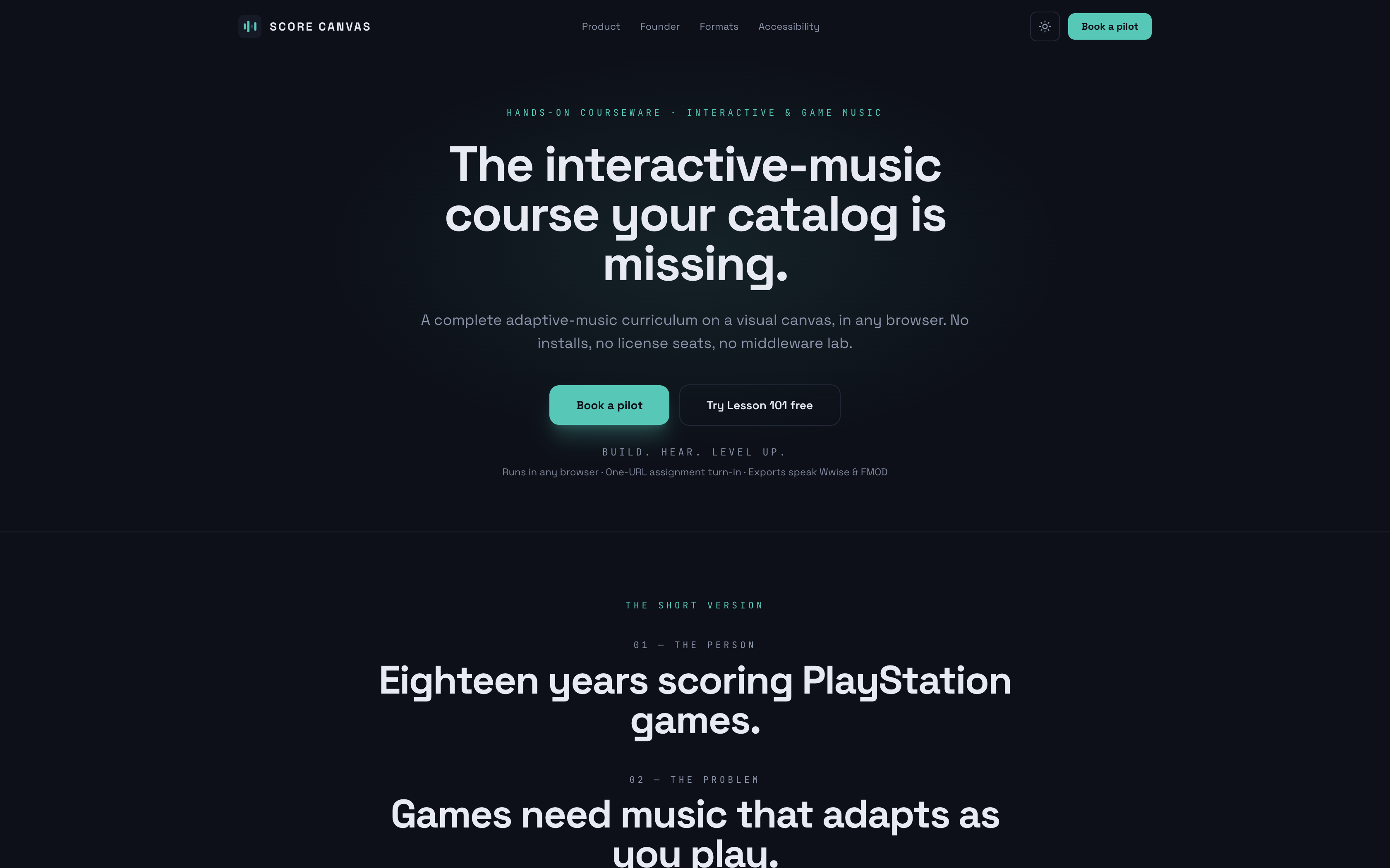 ScoreCanvas — the browser-based canvas the books are written for. No installs, no license seats, no middleware lab.