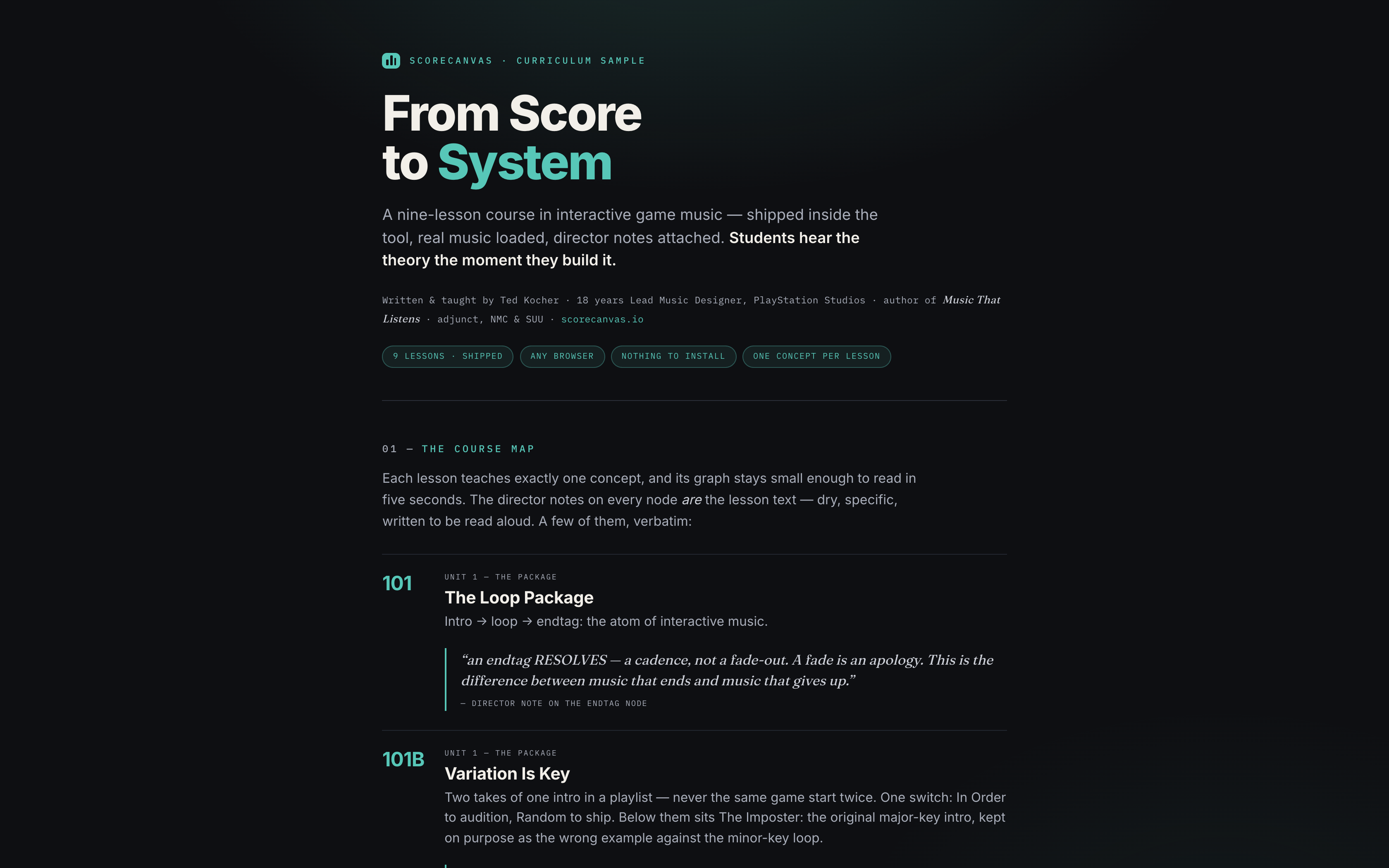 From Score to System — the in-app course the classroom runs on: audio loaded, director notes attached.