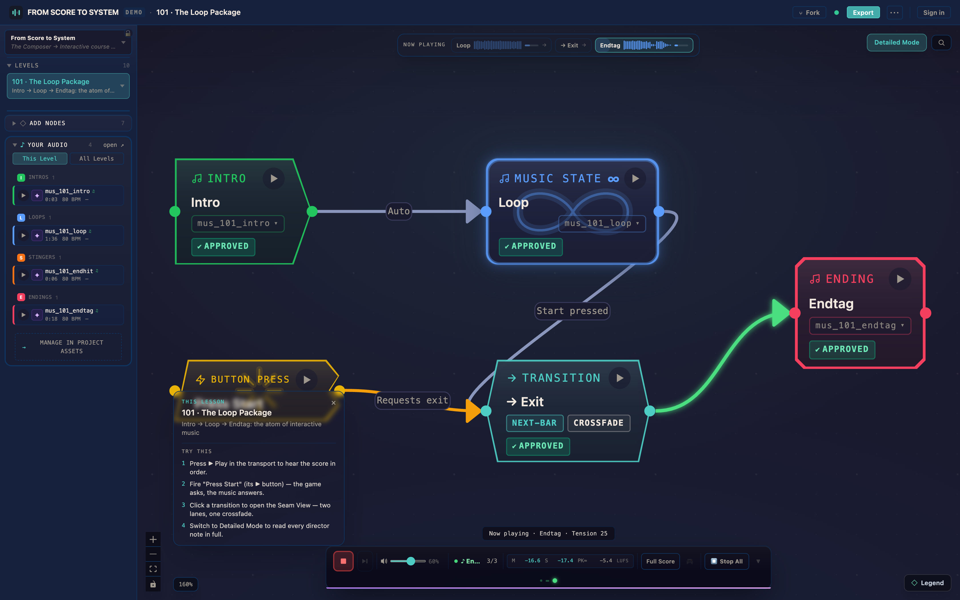 Two states, wired: exploration and combat as loop packages with transitions between them.